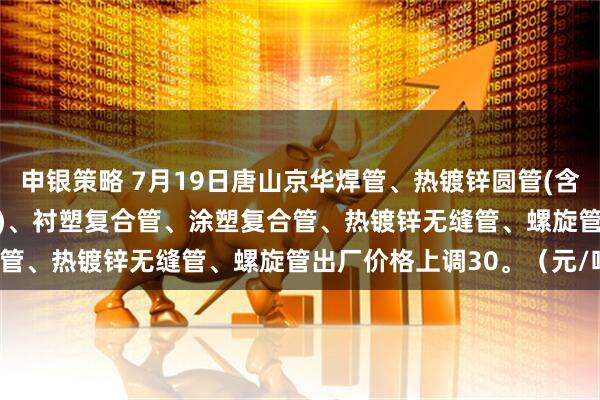 申银策略 7月19日唐山京华焊管、热镀锌圆管(含燃气管、273-325系列)、衬塑复合管、涂塑复合管、热镀锌无缝管、螺旋管出厂价格上调30。（元/吨）